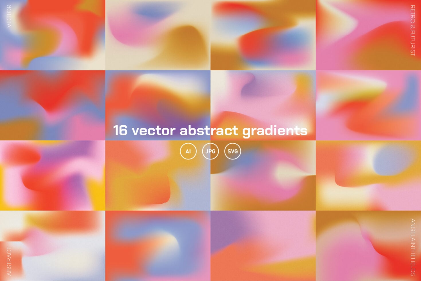 Collection of 16 blurred gradient vectors in multiple color combos