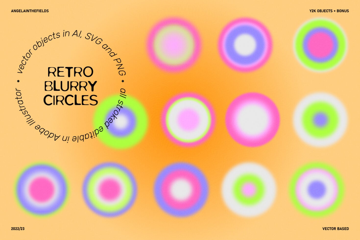Retro blurry circles with neon pink blue green rings on yellow background