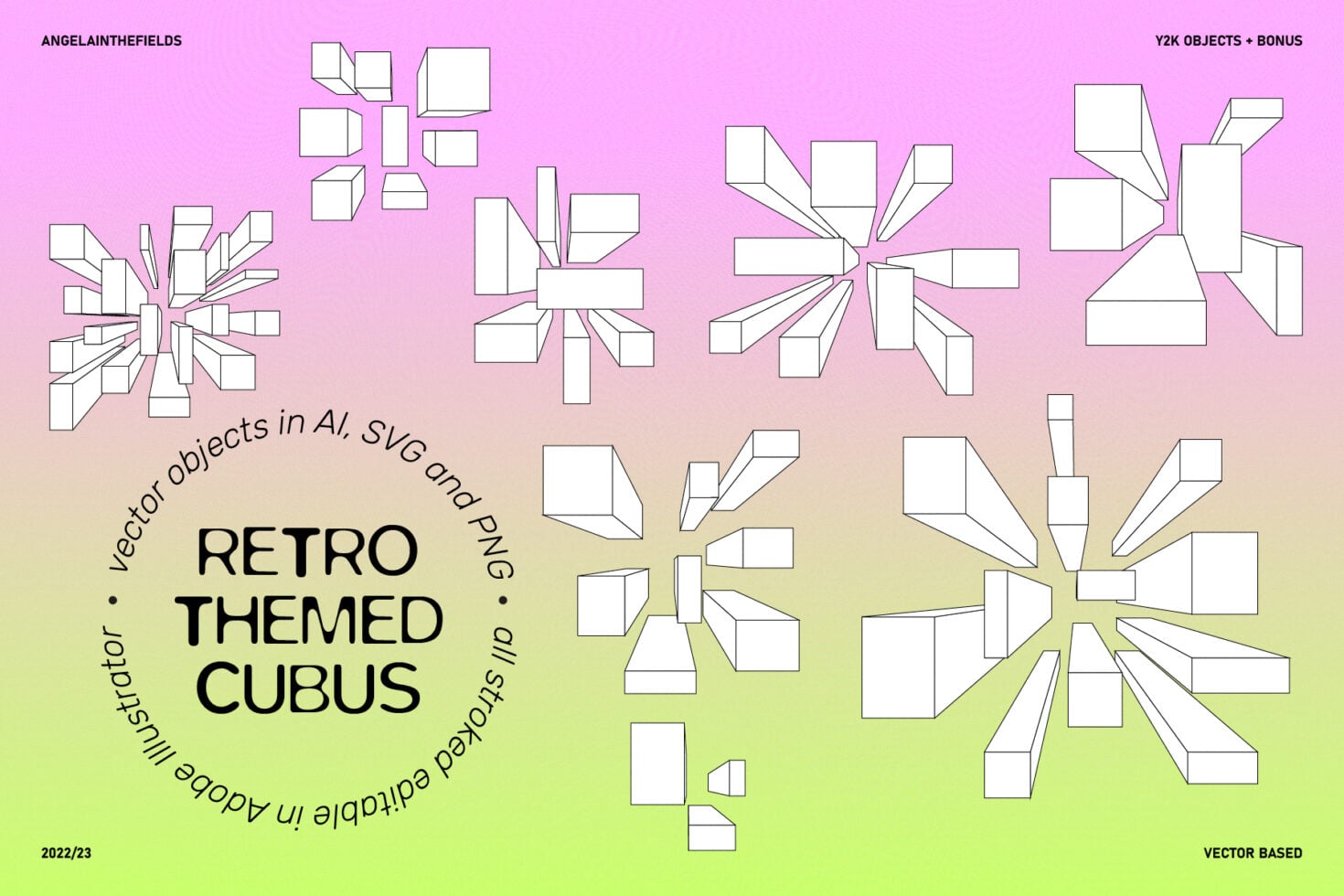 White 3D isometric cubes bursting outward on pink to lime gradient