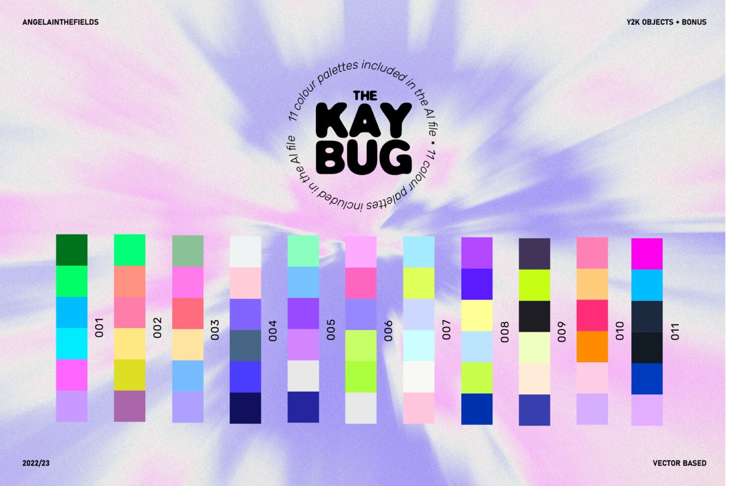 Kay Bug color palette swatches showing 11 vibrant gradient combinations