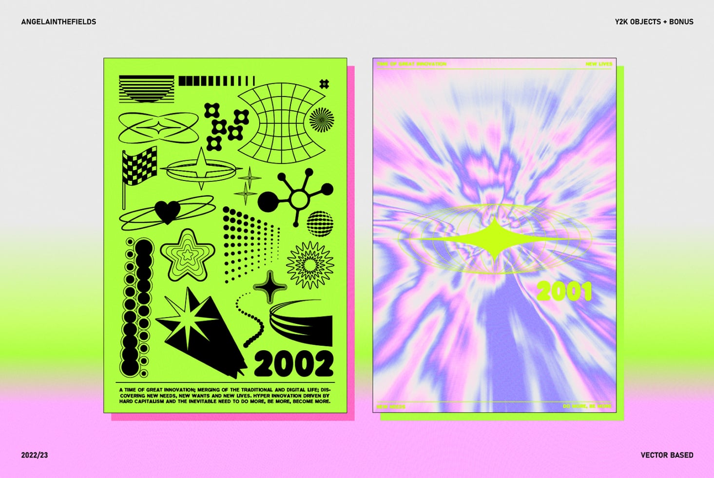 Neon Y2K poster layouts with geometric shapes, stars, glitch effects, bright lime on black