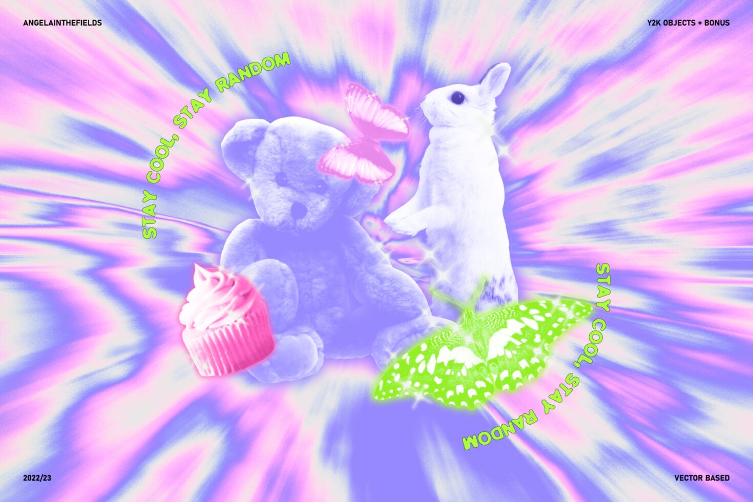 White fluffy rabbit, bear with pink wings on psychedelic purple pink gradient