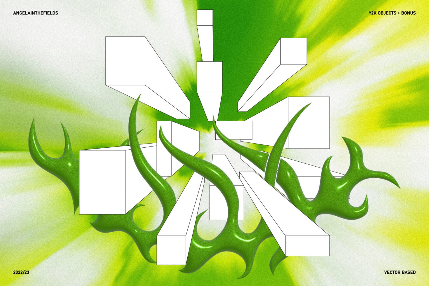 Lime green organic shapes with white geometric boxes on vibrant gradient background
