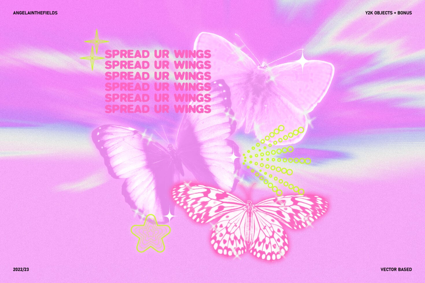 Glowing butterflies with repeating text overlay on magenta gradient background