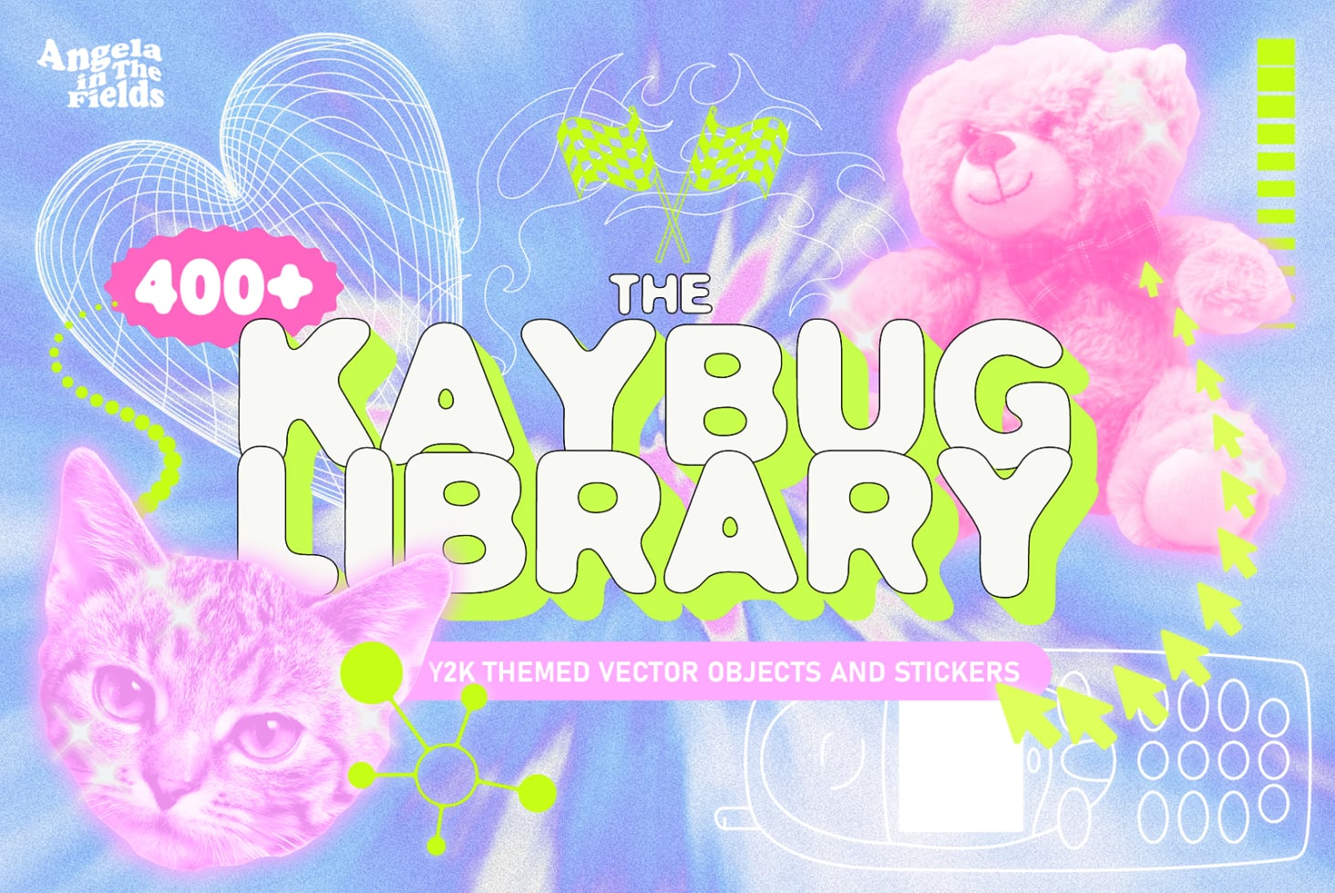 Y2K library pack with 400+ vector objects, fuzzy cats, neon text, pastel gradients