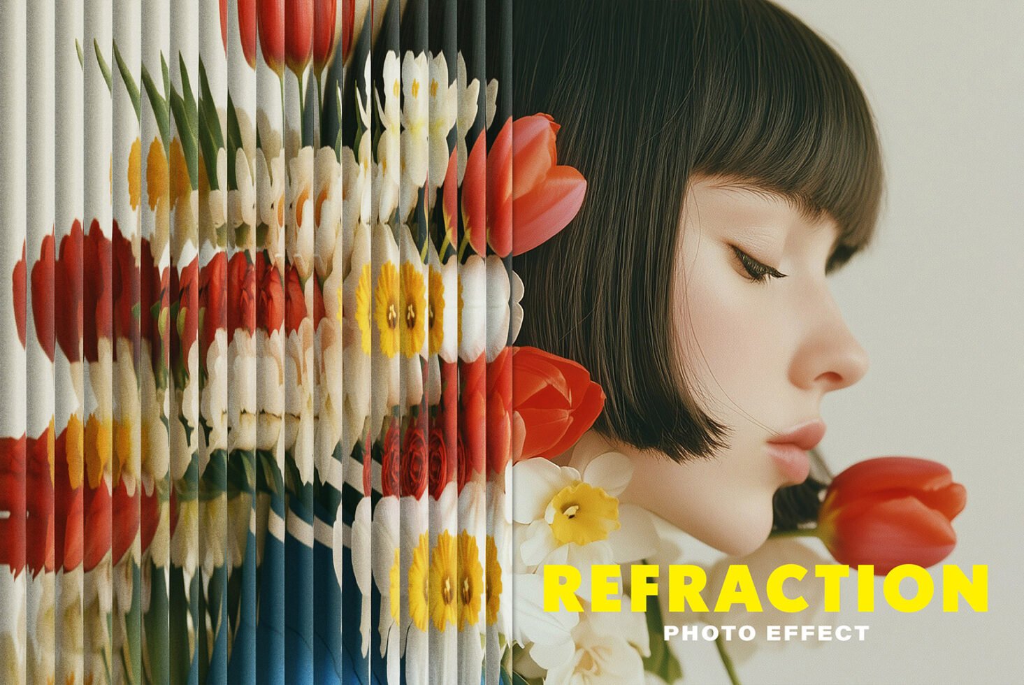 Refraction photo effect template showcasing a blend of flowers and a woman's profile, perfect for creative designers seeking unique graphic assets.