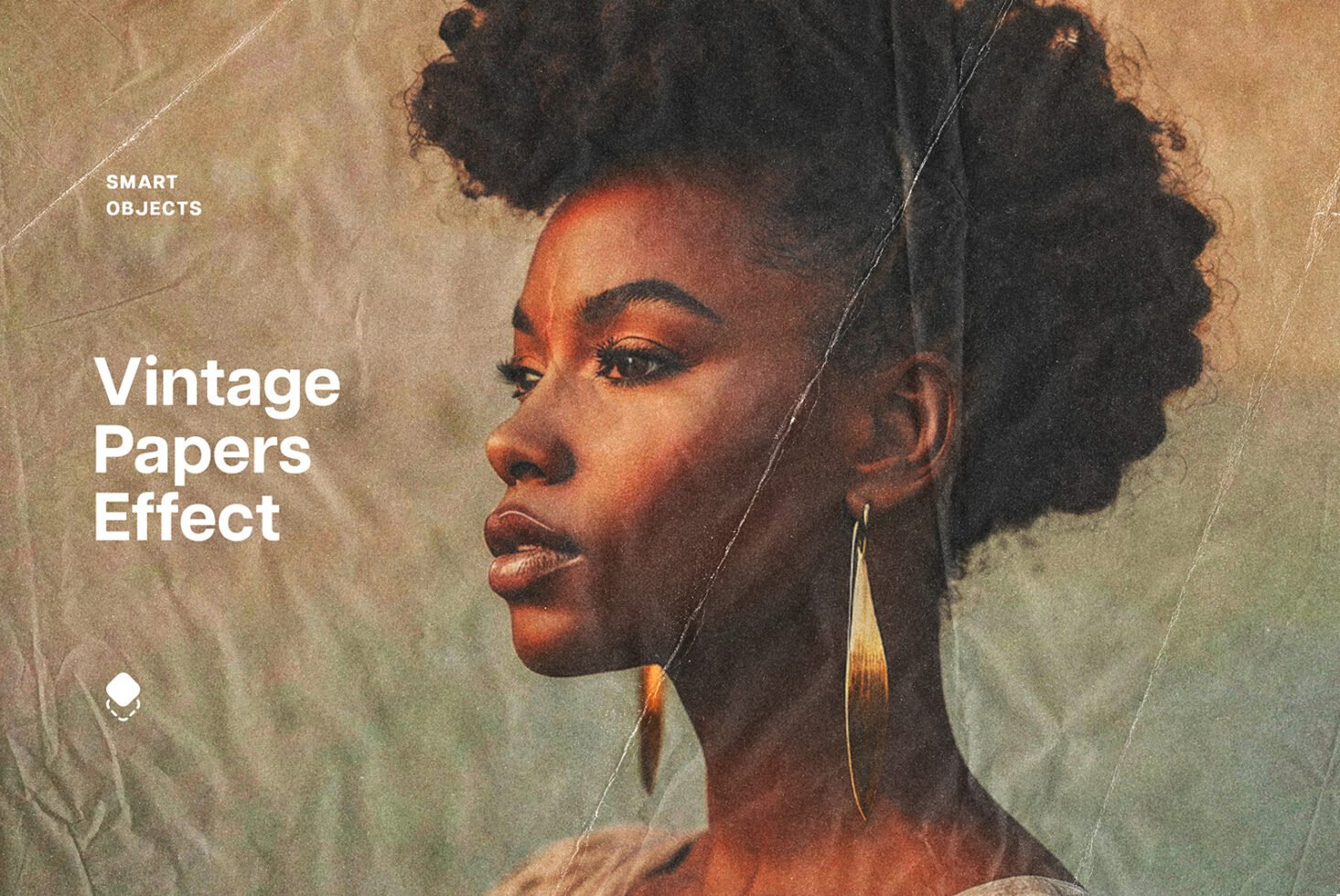 Vintage paper effect mockup featuring profile view of a woman with natural hair and gold earrings. Ideal for designers seeking retro texture graphics.
