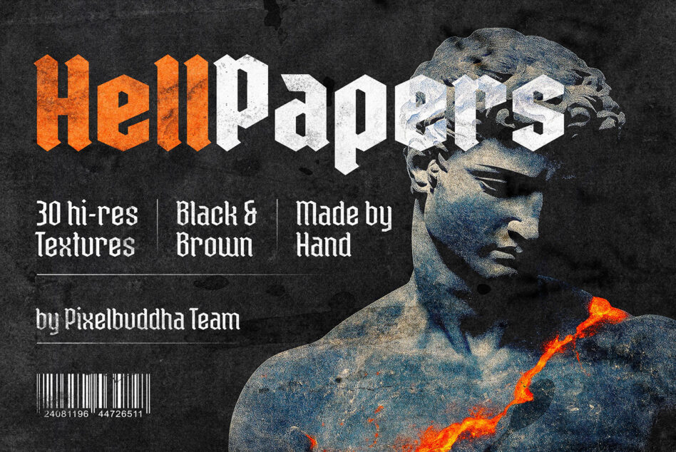 Hell Pappas grunge text effect with stone statue overlay on dark background
