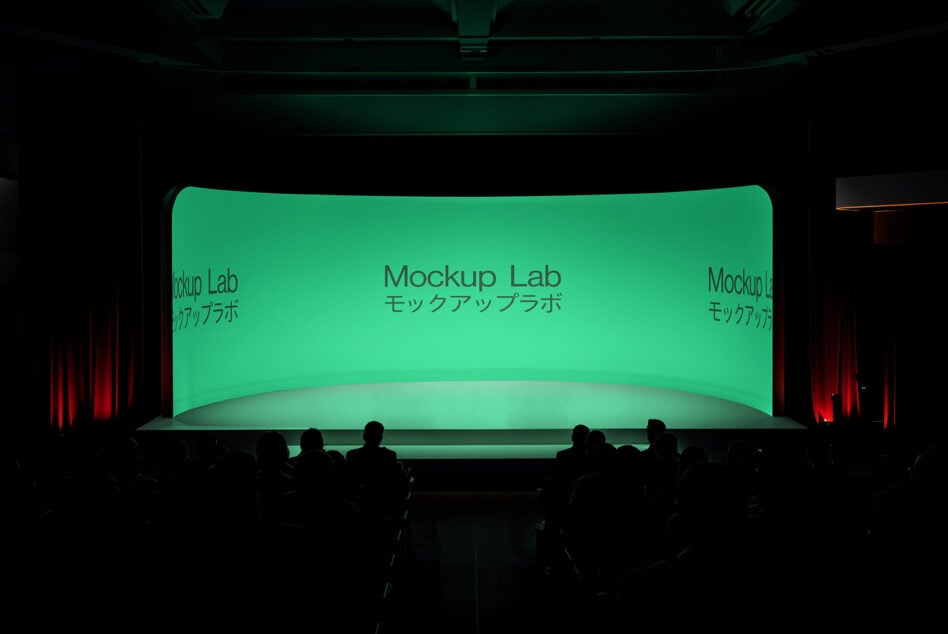 Large green theater screen with Mockup Lab branding repeating across curved surface