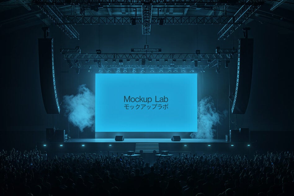 Stage mockup with large blue screen reading Mockup Lab in a concert setting suitable for designers seeking event branding templates and digital assets