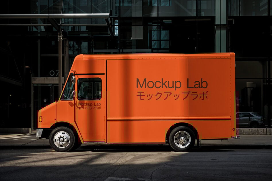 Orange delivery van mockup with typography design parked in urban setting ideal for branding graphic designers showcasing logo layouts in realistic scene.