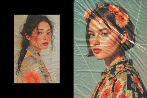 Vintage aesthetic portraits of women in floral dresses with textured overlay. Perfect for graphic design, mockups, and art projects. Creative photography.