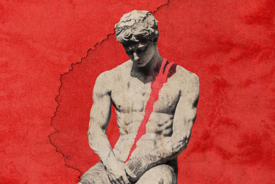 White marble statue sitting on vibrant red background with texture cracks
