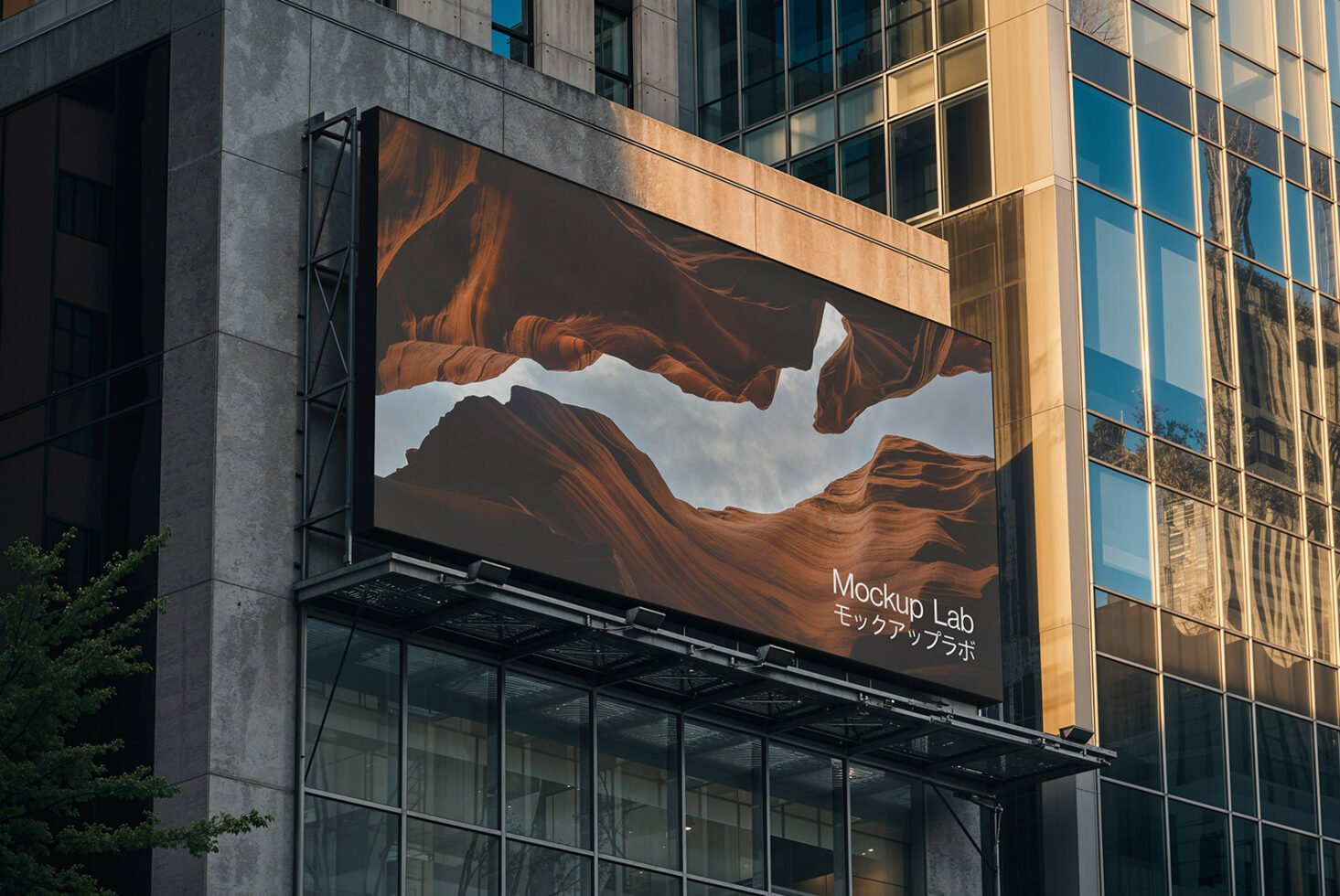 Urban billboard mockup on modern building facade features stunning canyon landscape. Perfect for realistic outdoor advertising graphics.