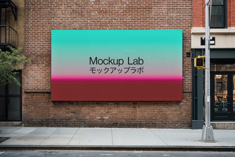 Gradient teal to magenta sign mounted on urban brick wall mockup
