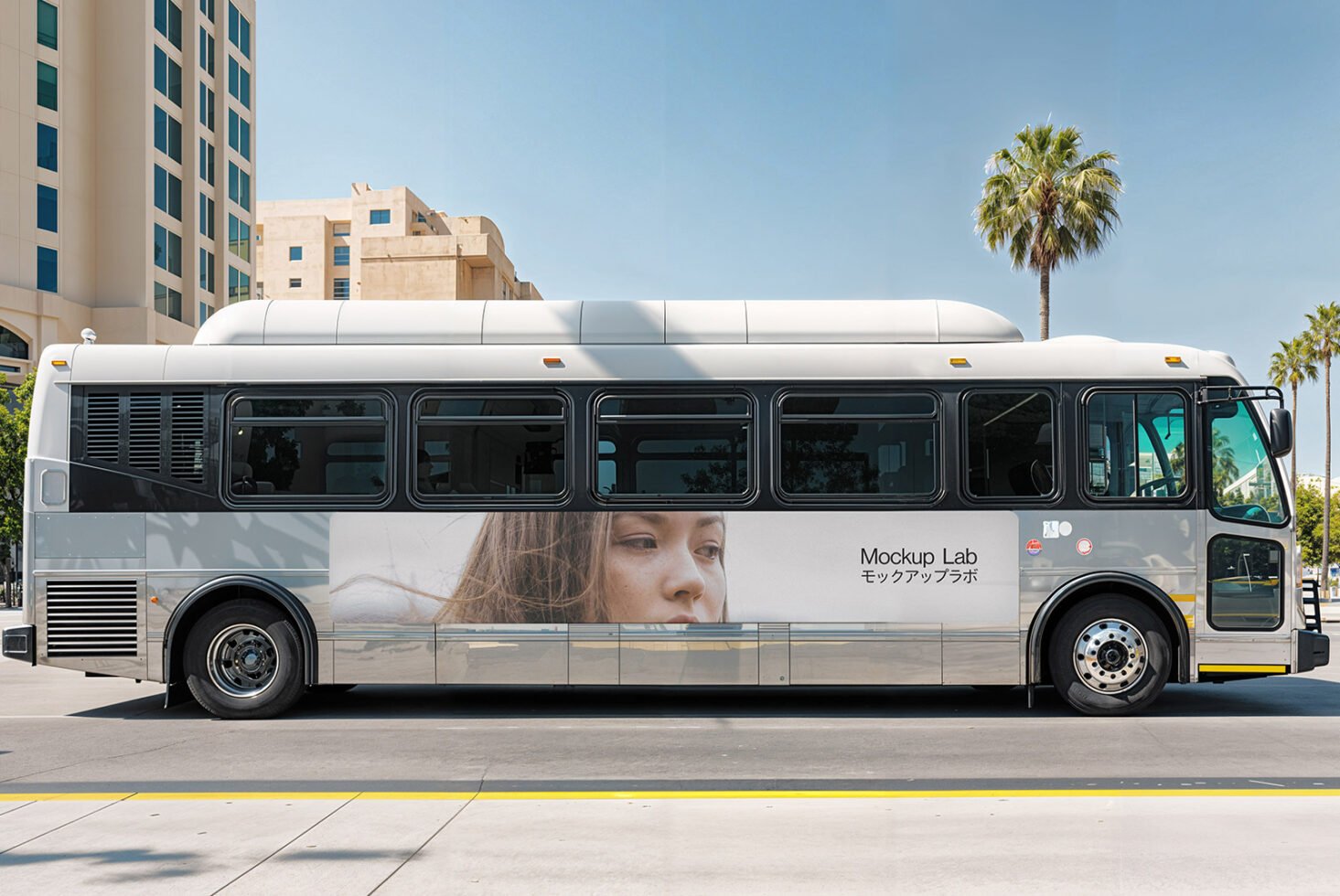 City bus mockup with ad space showcasing a design concept against urban backdrop perfect for branding and marketing presentations mockup designer resource.
