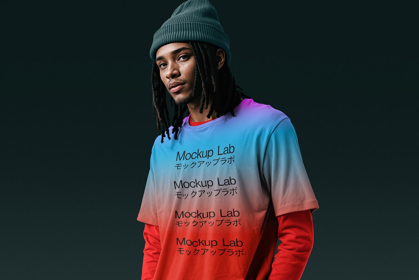 Man in gradient t-shirt with Mockup Lab text and Japanese characters digital asset for designers fashion mockup SEO keywords design template graphics