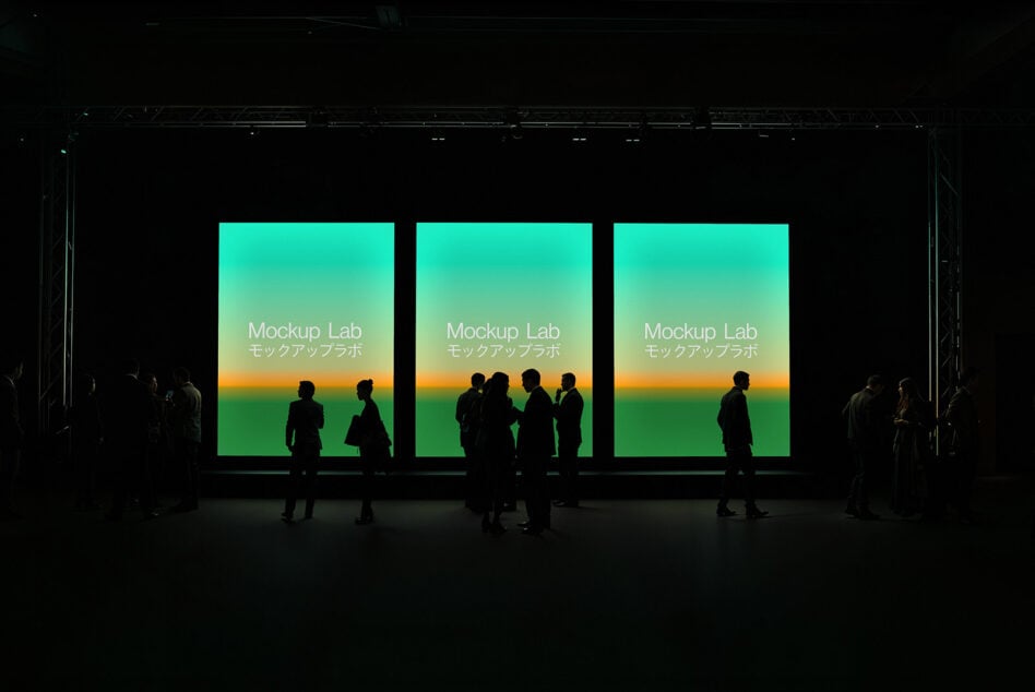 Three vertical screens display Mockup Lab text, surrounded by silhouettes of people. Ideal for digital display mockups and graphic design.