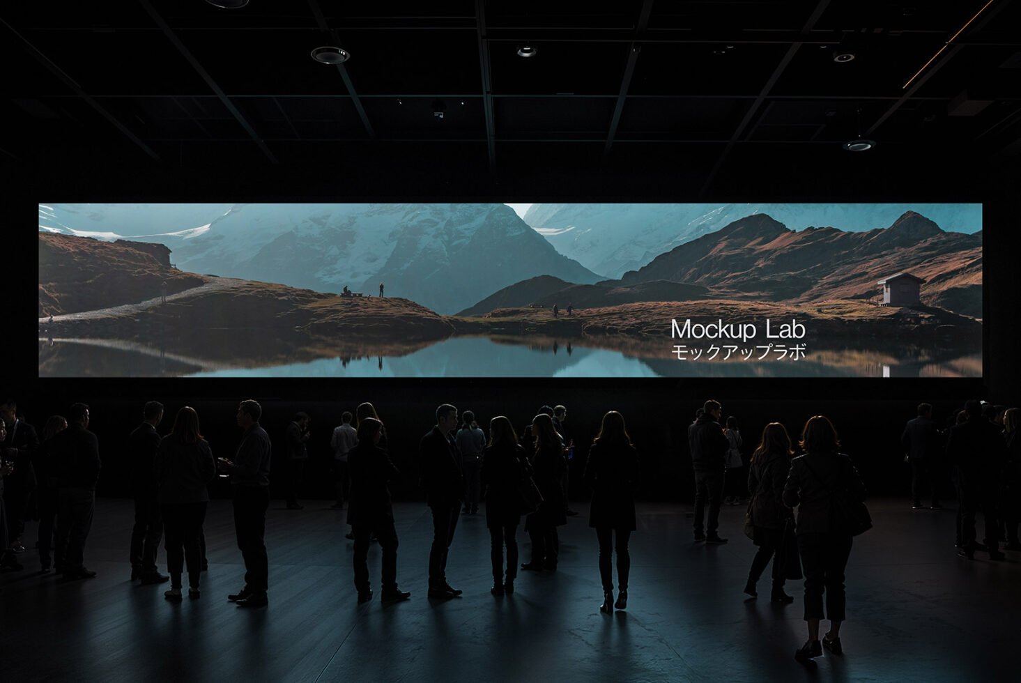 Large digital display mockup in a dimly lit room with silhouetted people. Perfect for showcasing landscapes or promotional designs. Mockup Lab text.