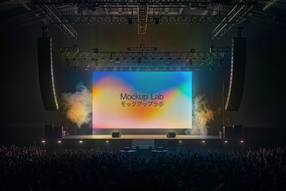 Concert stage mockup displaying colorful abstract graphics with smoky effects. Ideal for designers; keywords: mockup, graphics, stage, design asset.
