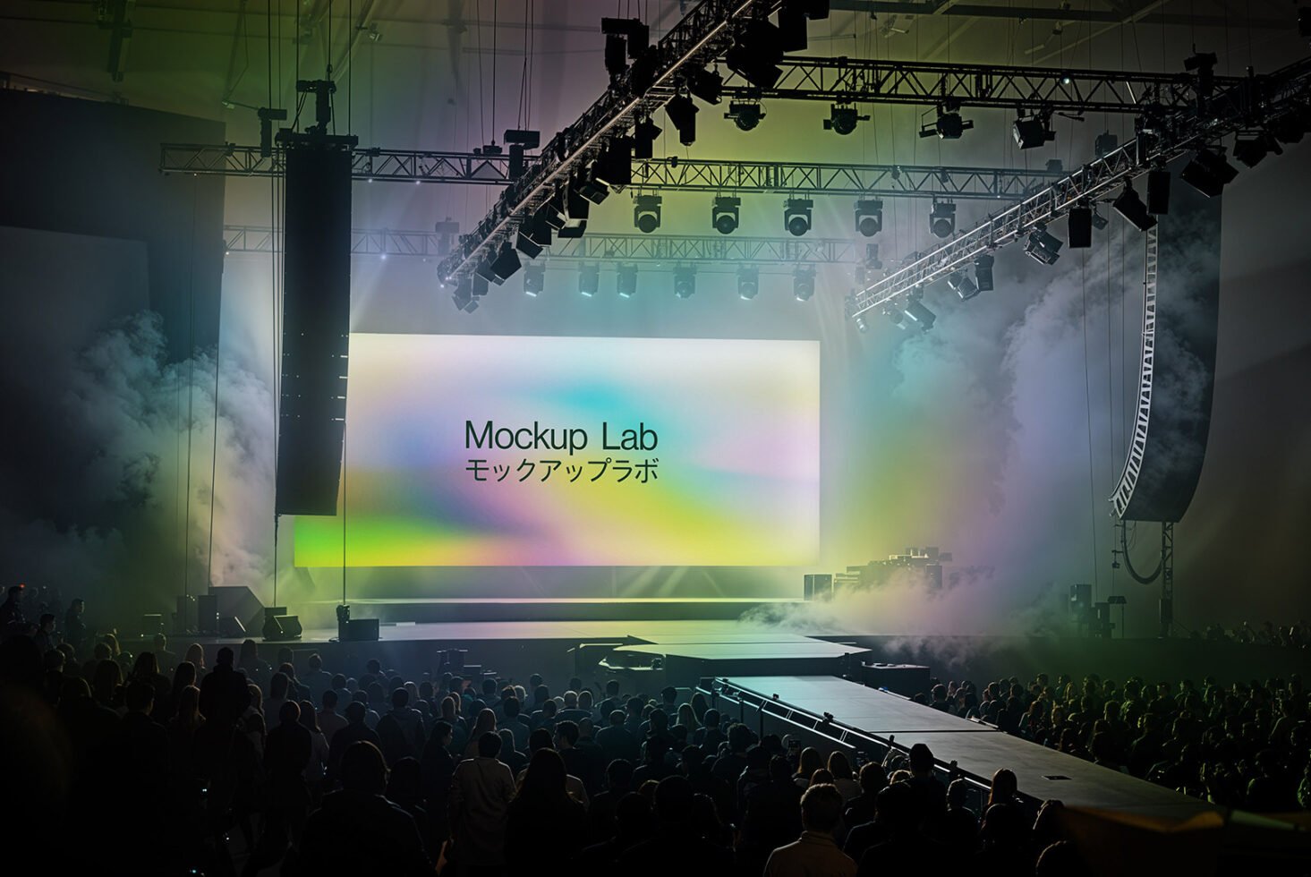 Stage with vibrant lighting and large display featuring text Mockup Lab. Ideal for designers seeking mockup templates and creative presentations.