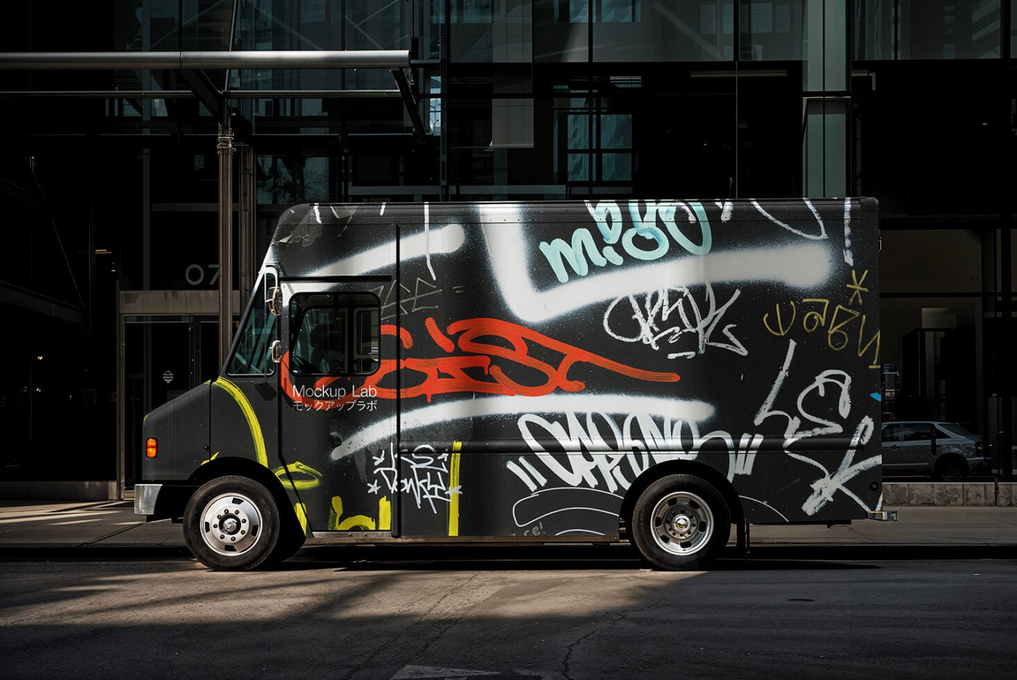 Orange delivery truck mockup with large blank panel for design