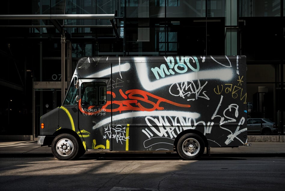 Urban truck mockup with vibrant graffiti design; ideal for showcasing street art, vehicle branding, graphic design projects; city street background.