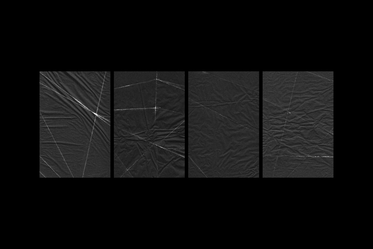 Wrinkled black paper textures in four columns for digital design. Useful for backgrounds, creative projects, templates, mockups, and graphic design assets.