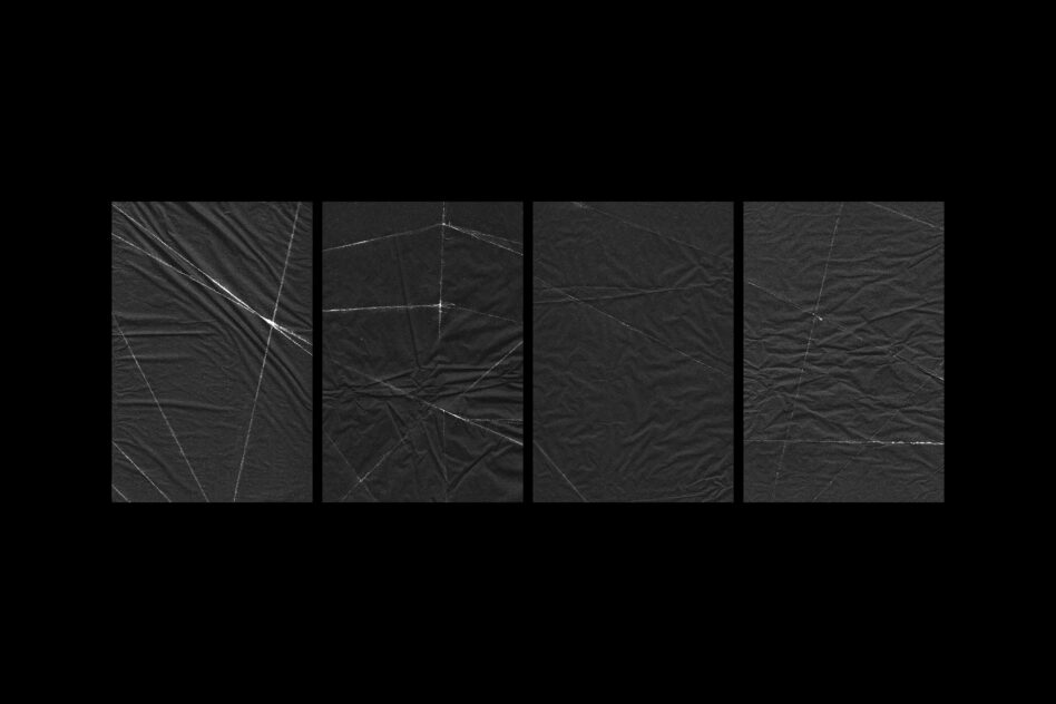 Wrinkled black paper textures in four columns for digital design. Useful for backgrounds, creative projects, templates, mockups, and graphic design assets.