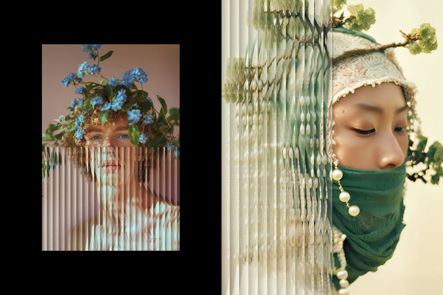 Two artistic portraits; one with a person adorned with blue flowers, the other with a veiled figure and floral accents. Ideal for graphic design inspiration.