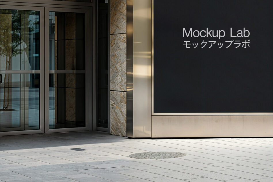 Modern building storefront wall sign with Mockup Lab text in English, Japanese