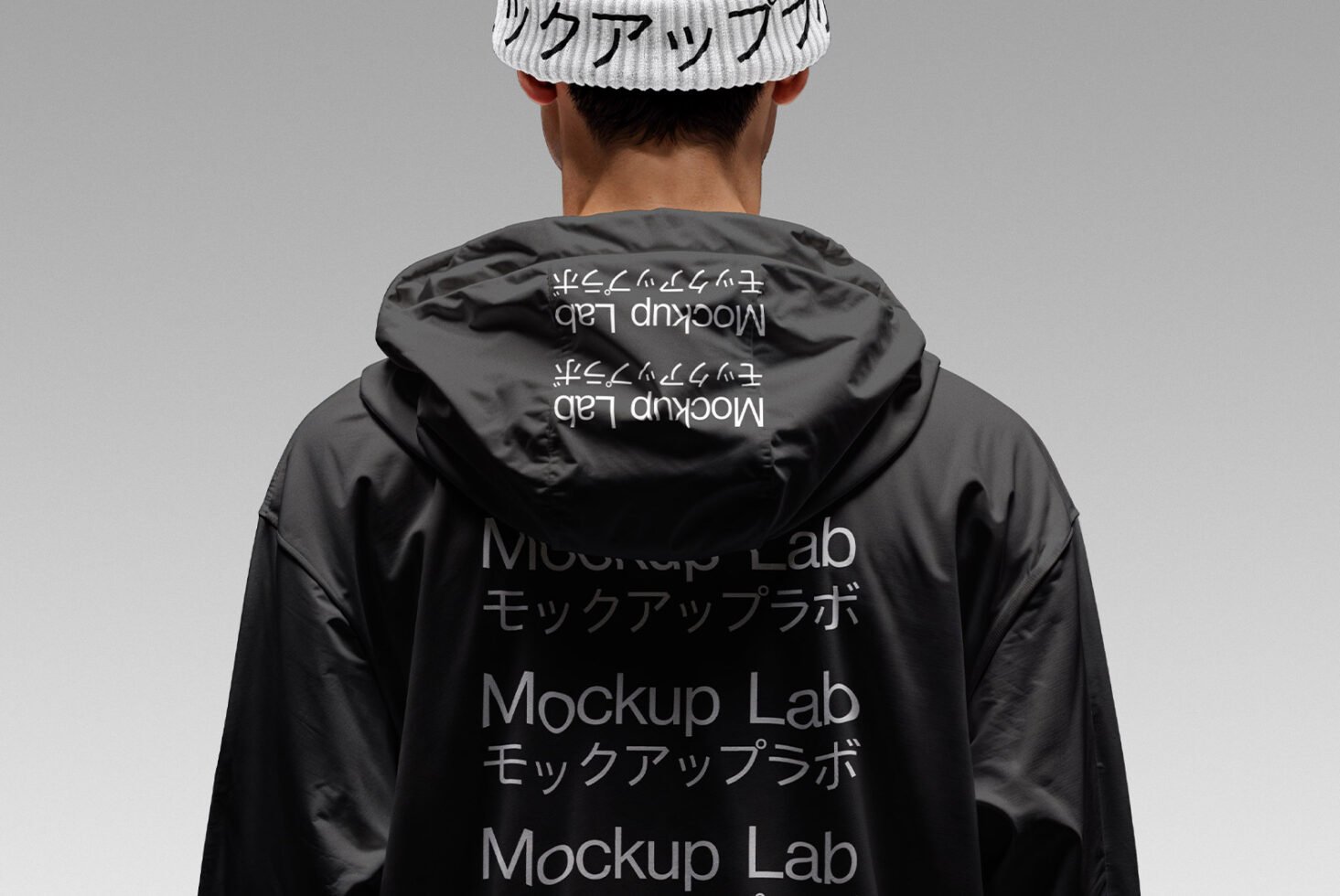 Back view of a hoodie and beanie with Mockup Lab text; ideal for streetwear mockup templates. Perfect for designers and apparel branding.