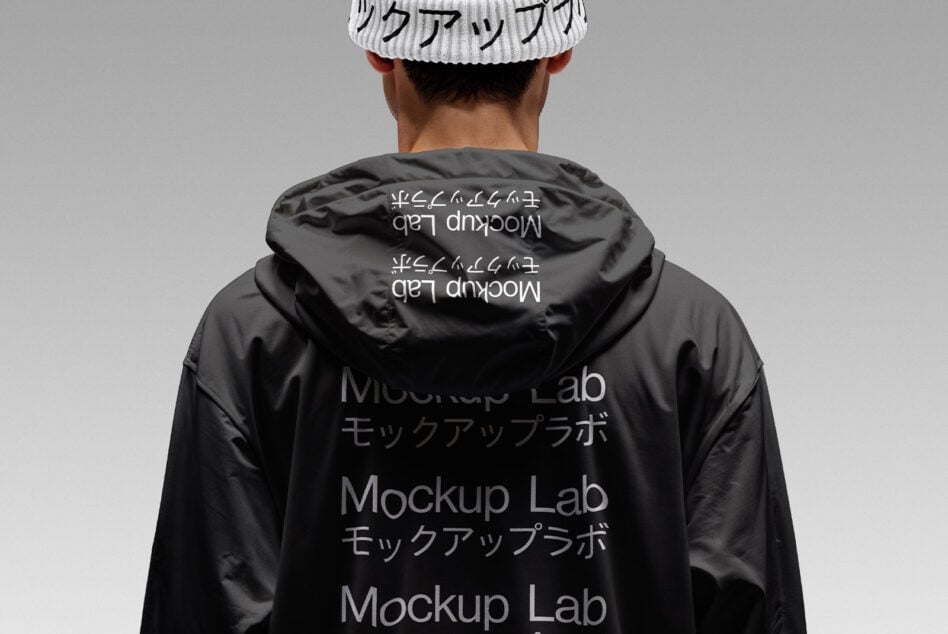 Back view of a hoodie and beanie with Mockup Lab text; ideal for streetwear mockup templates. Perfect for designers and apparel branding.