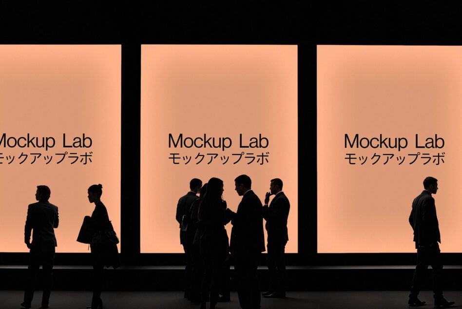 Silhouettes of people in front of large illuminated mockup screens displaying Mockup Lab text suitable for designers seeking stylish presentation backgrounds.