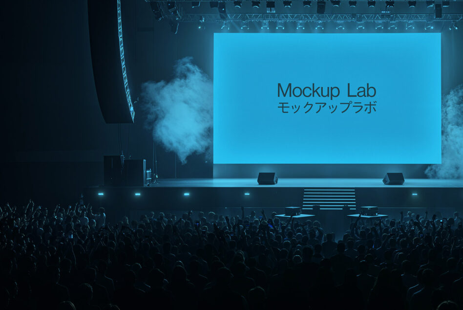 Concert stage mockup with blue screen and smoke effects over a crowd, ideal for event branding, graphic design and presentation templates