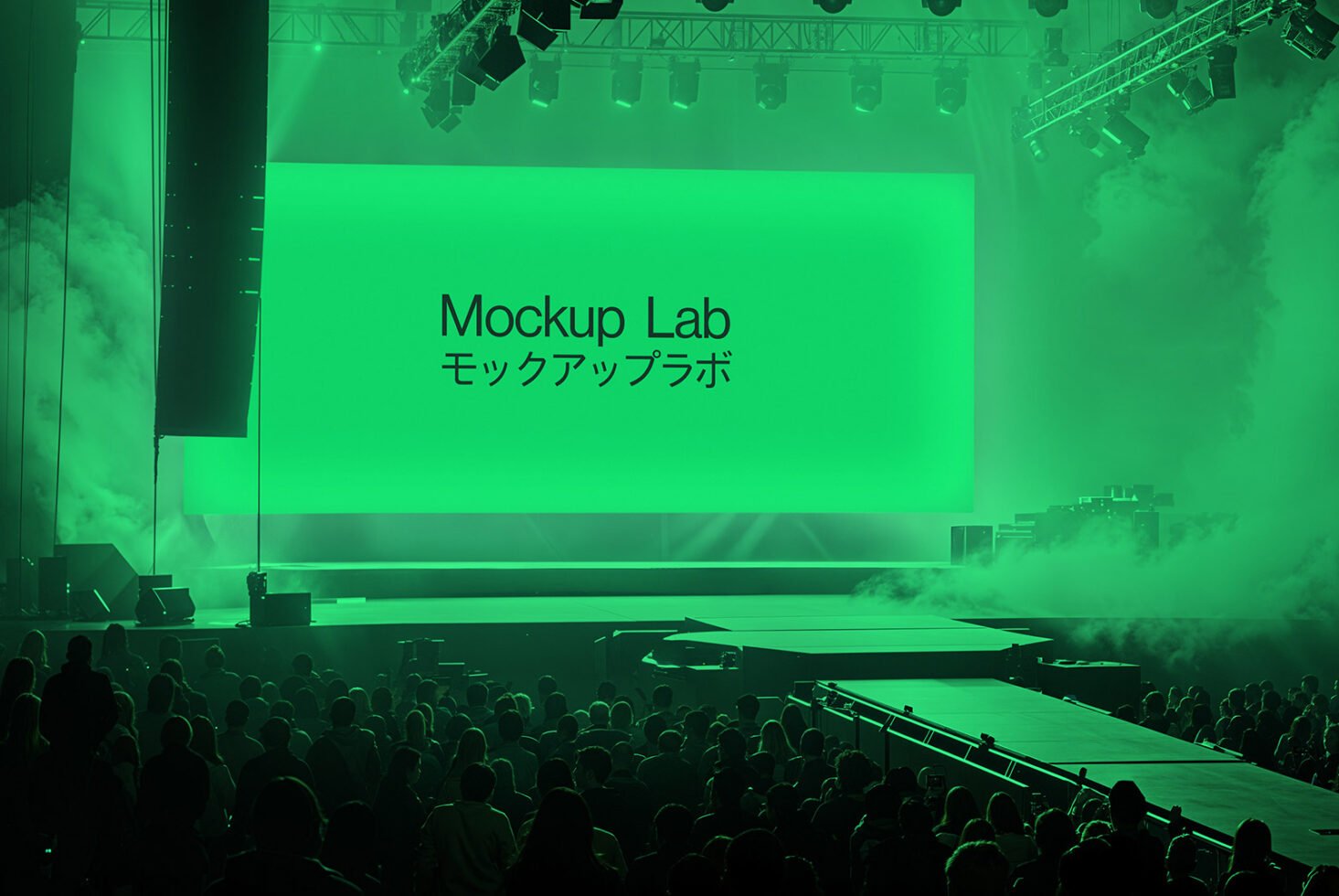 Green stage mockup with large screen display and audience. Ideal for designers seeking event or presentation backgrounds. Modern lighting and ambiance.