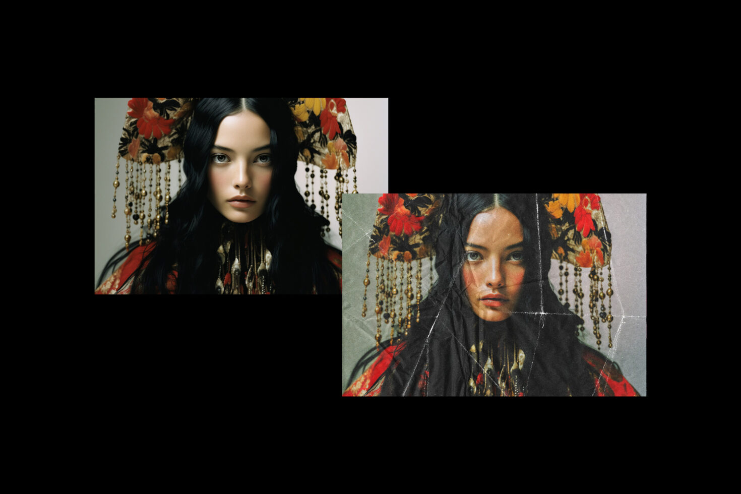 Digital graphics featuring a woman in an ornate headpiece with floral patterns and beads. Ideal for designers seeking cultural fashion inspiration assets.