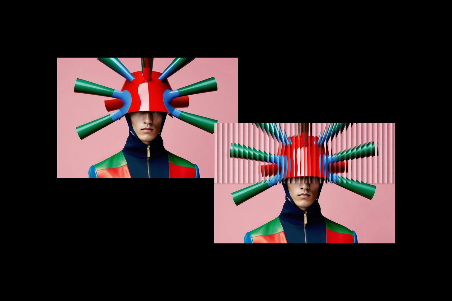 Digital artwork featuring a futuristic helmet with colorful spikes. Perfect for graphic design inspiration, vibrant color palettes, unique headgear illustrations.