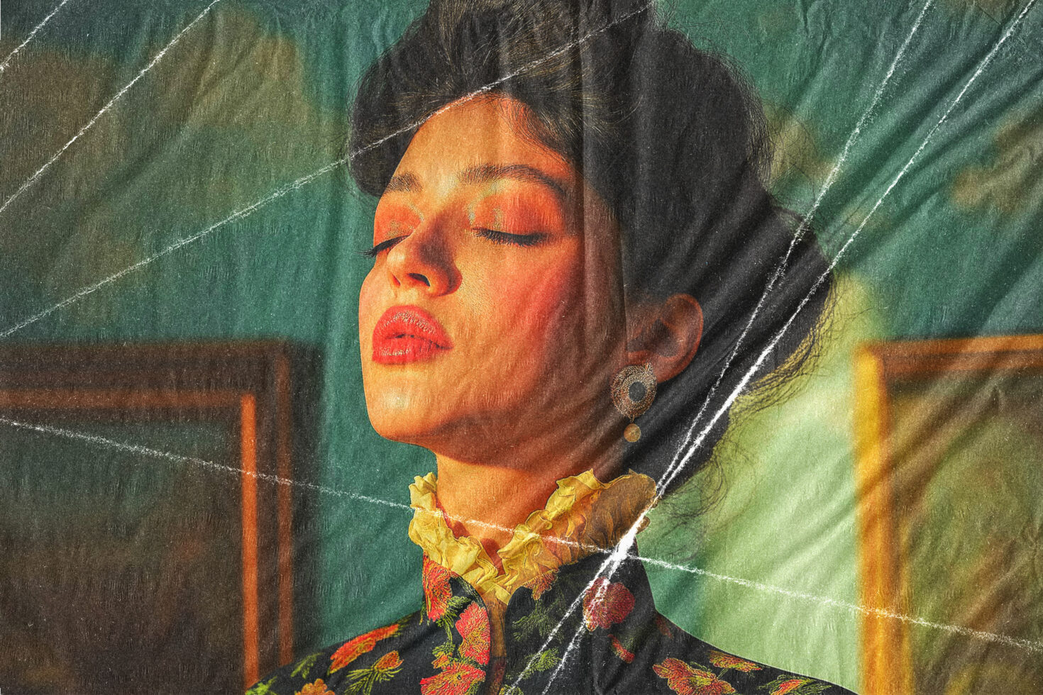 Portrait of a serene woman in vintage attire with a cracked texture effect suitable for graphic design templates and mockups. Retro, fashion, elegance.