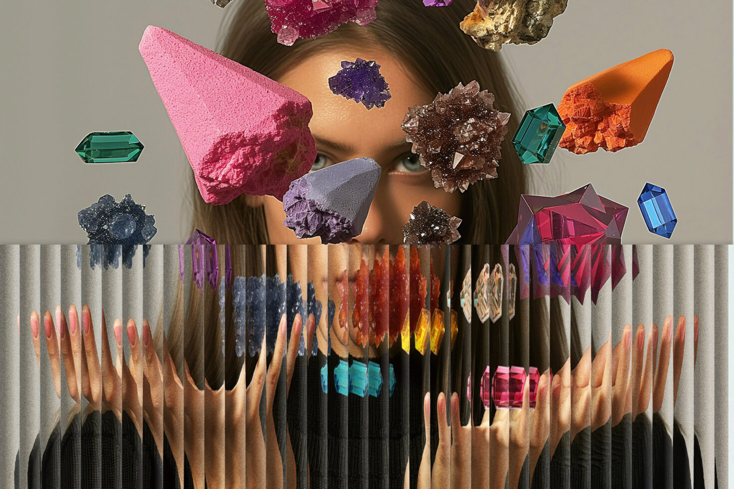 Surreal graphic design featuring a woman's face with floating geometric crystals and gemstones. Perfect for digital art templates and creative projects.