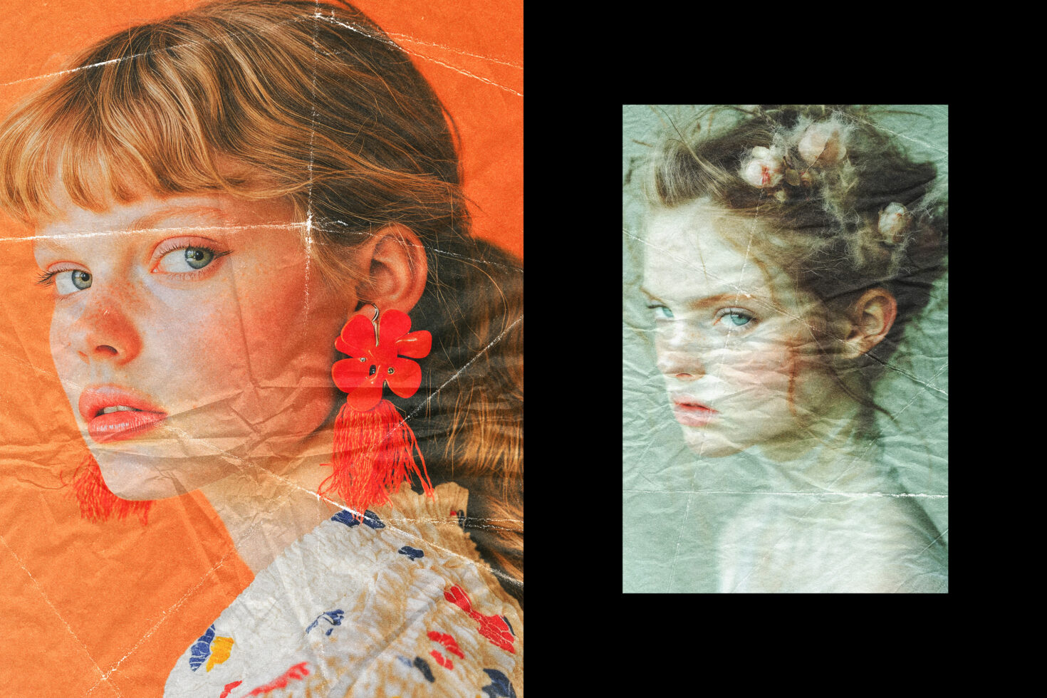 Vintage textured art featuring two portraits of women, one with floral earrings and textured clothing, perfect for designers seeking unique visual graphics.