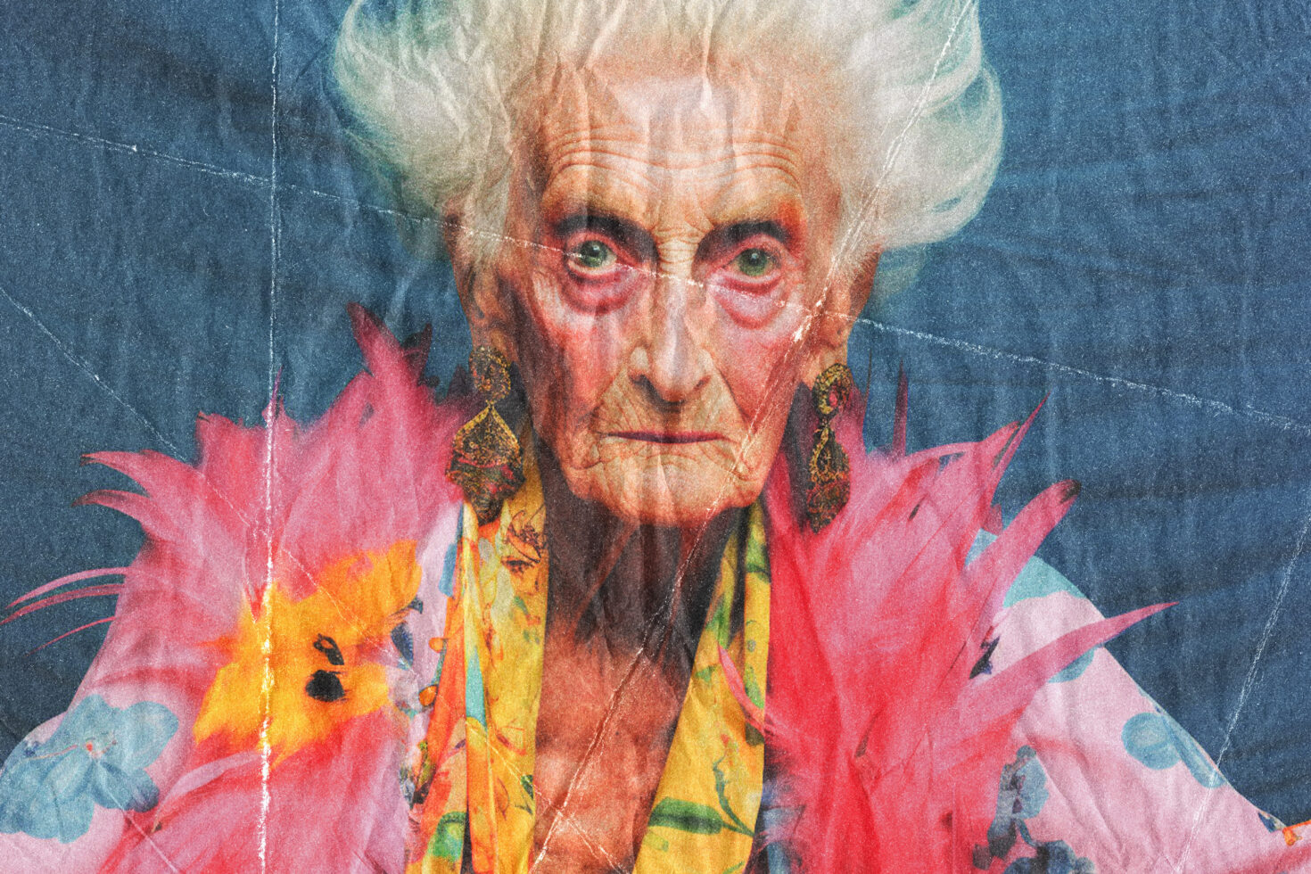 Eclectic vintage portrait of an elderly woman in vibrant floral attire with textured aesthetic, ideal for graphic design inspiration or creative mockups.