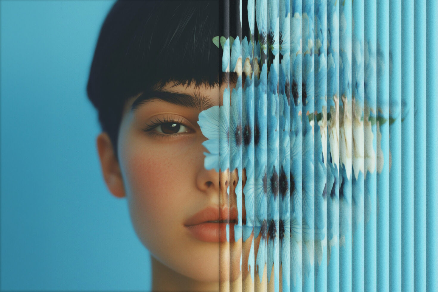 Digital art portrait of a woman with blue floral overlay creative abstract graphics design visual effects suitable for templates and mockups design projects