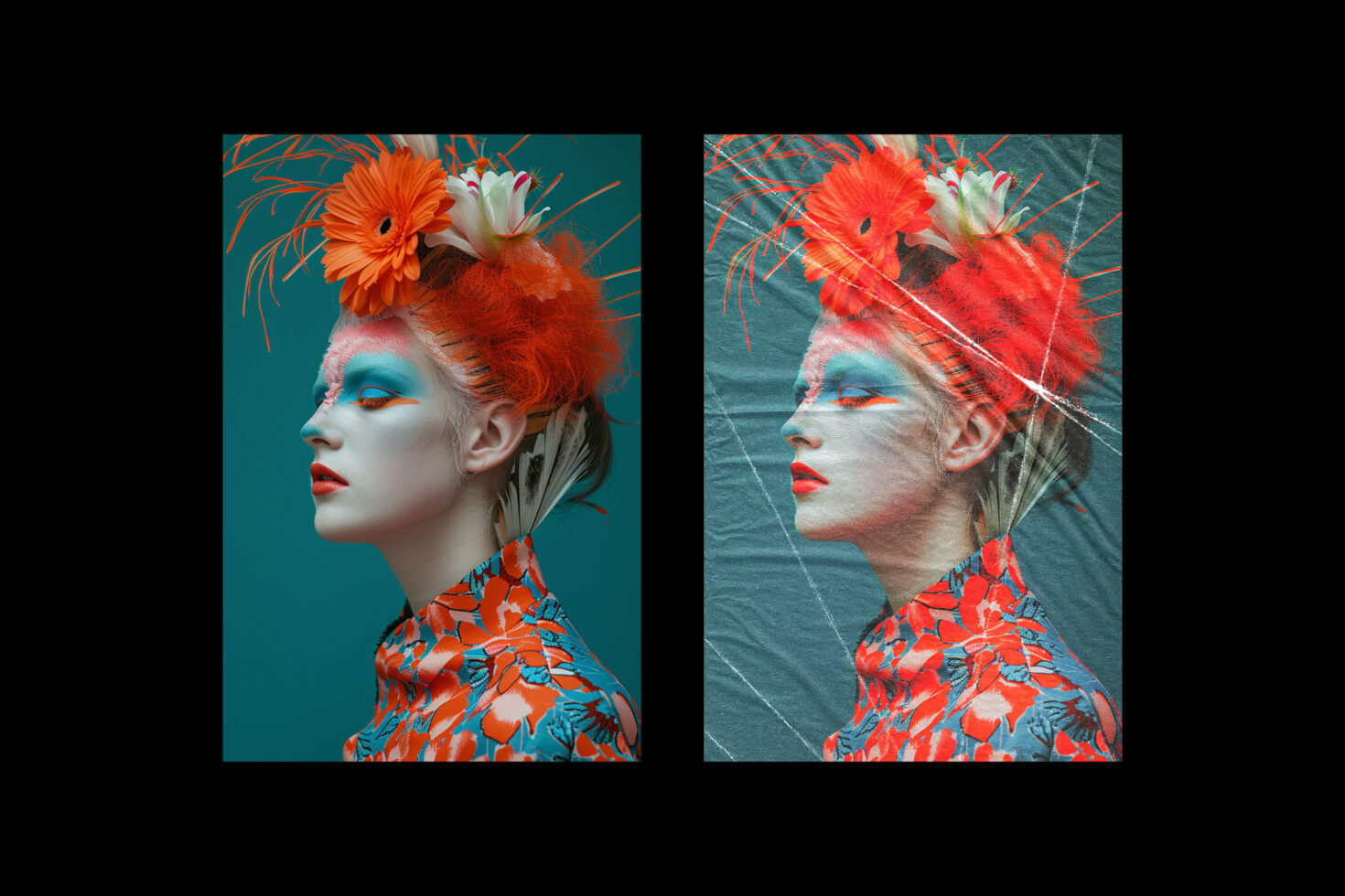 Dual portrait fashion photography with vibrant floral headpiece and bold makeup. Perfect for graphic design mockups, fashion concept art, vibrant design.