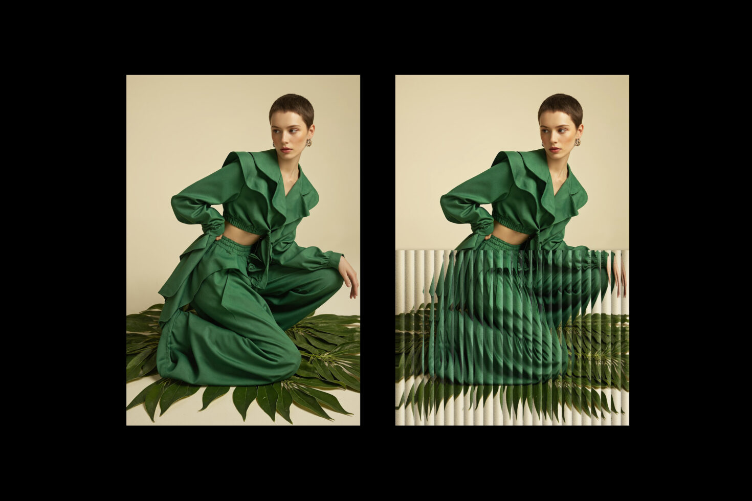 Fashion mockup: model in green attire posed on leaves, showcasing elegant outfit design. Contrast and symmetry highlighted for designers, photography assets.