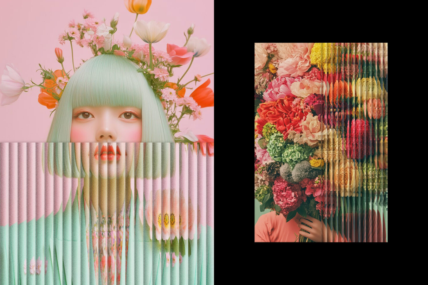 Modern digital art collage featuring a woman with flowers and a vibrant floral arrangement. Ideal for graphic design, artistic templates, visual mockups.