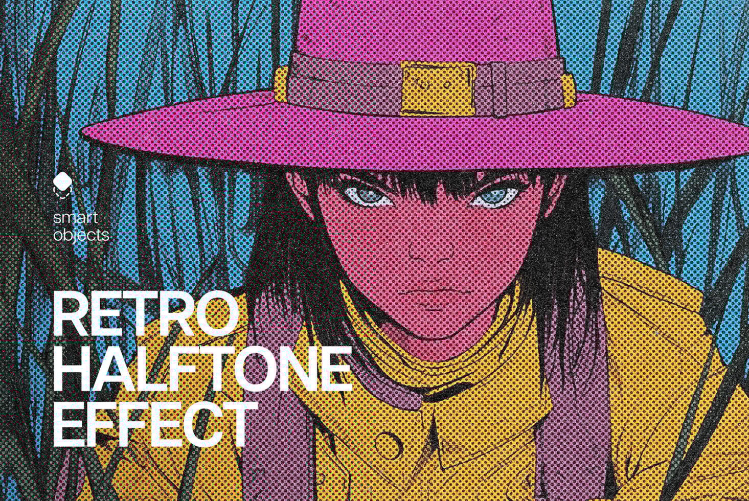 Retro halftone effect featuring a fierce character in vibrant colors. Ideal for creative graphics and templates. Includes smart objects for designers.