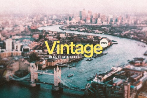 Vintage blur photo effect mockup featuring a cityscape with river. Perfect for designers seeking retro aesthetics in PSD format. Ideal for graphics.