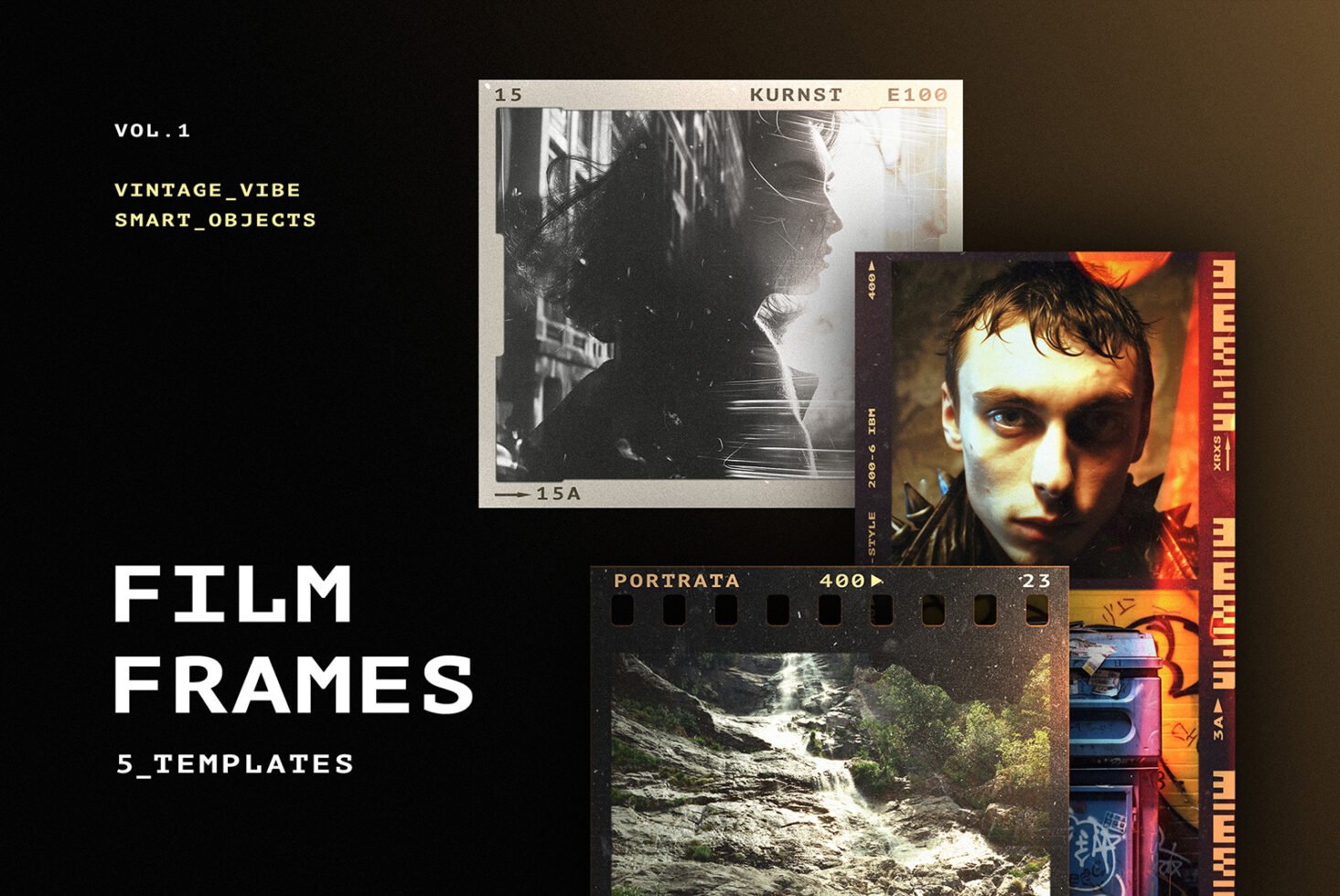 Film frame templates showcasing vintage vibes with smart objects. Ideal for designers creating retro aesthetics. Includes five unique designs for versatility.