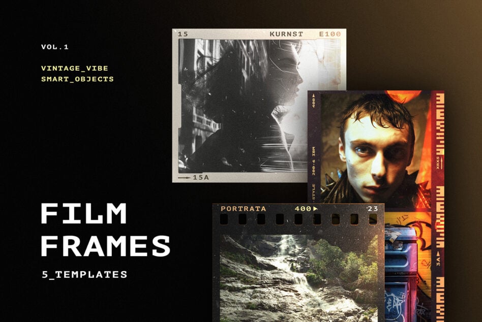Film Frames Vol 1 mockup set showing vintage vibe smart objects collection